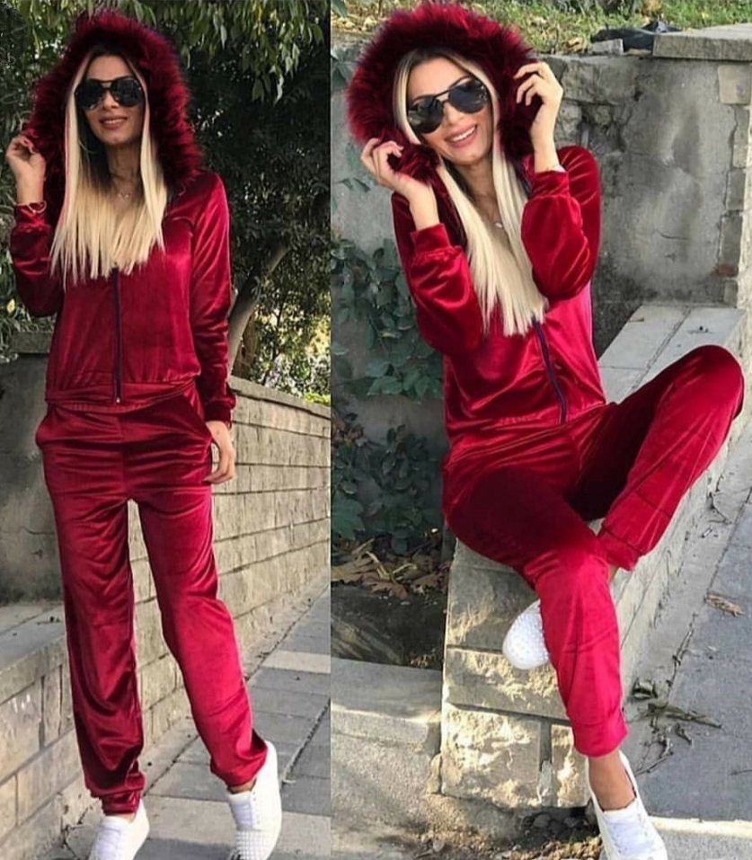 Kürk detaylı kadife kumaş takım (Bordo)