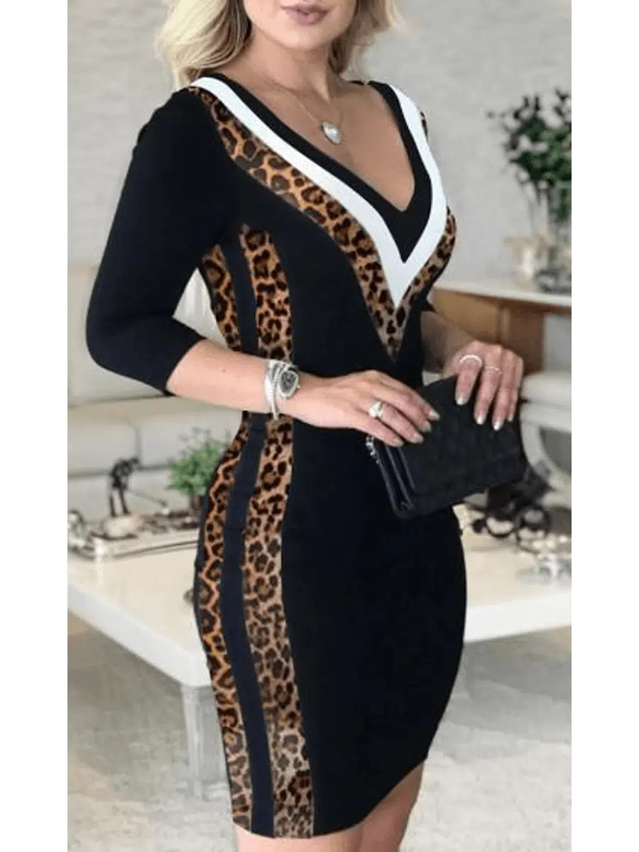 Leopar Garnili V Yaka Viskon İki İplik Elbise