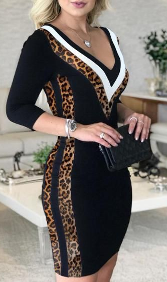 Leopar Garnili V Yaka Viskon İki İplik Elbise