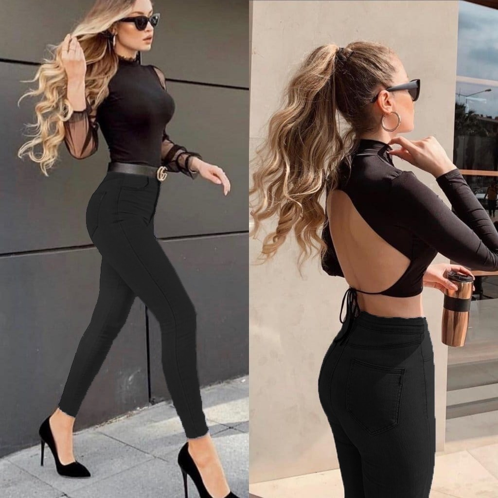 Likralı Yüksek Bel Jean Pantolon (Siyah)