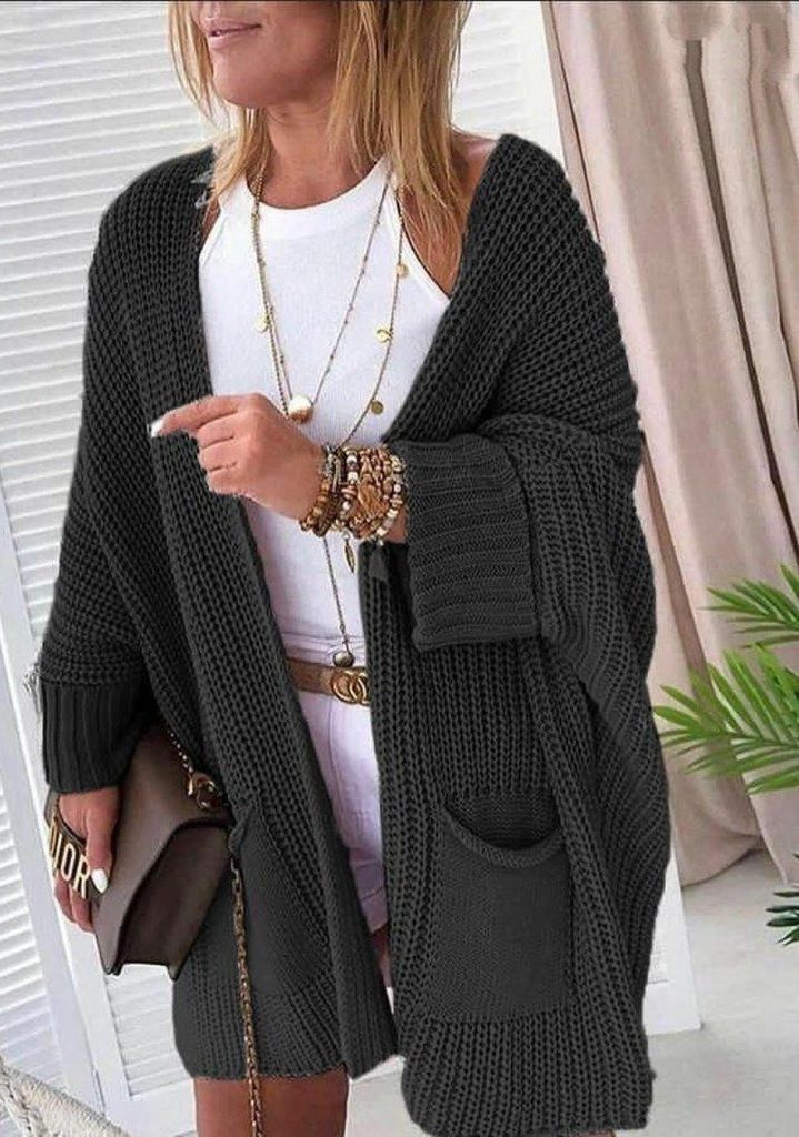 Oversize kalıp cepli salaş triko hırka (Siyah)