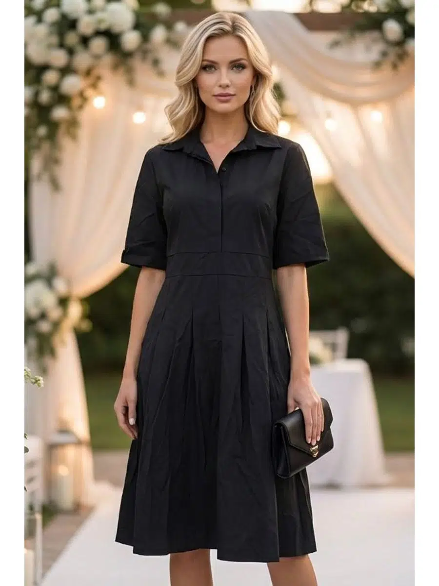 Pamuklu gömlek yaka esnemeyen dokuma kalın iki iplik kumaş eteği pileli elbise 115cm