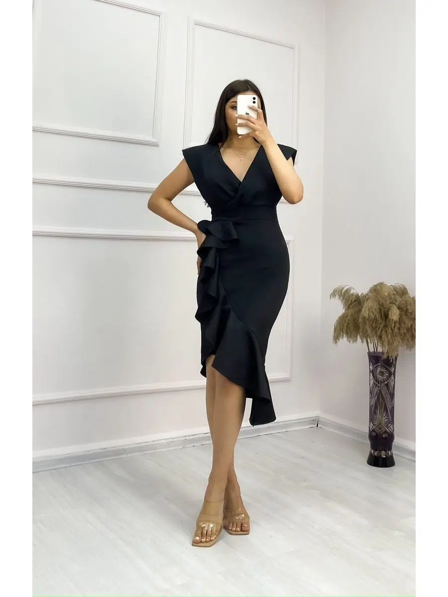 Scuba Kumaş Önü Fırfırlı Midi Boy Elbise (Renkli)