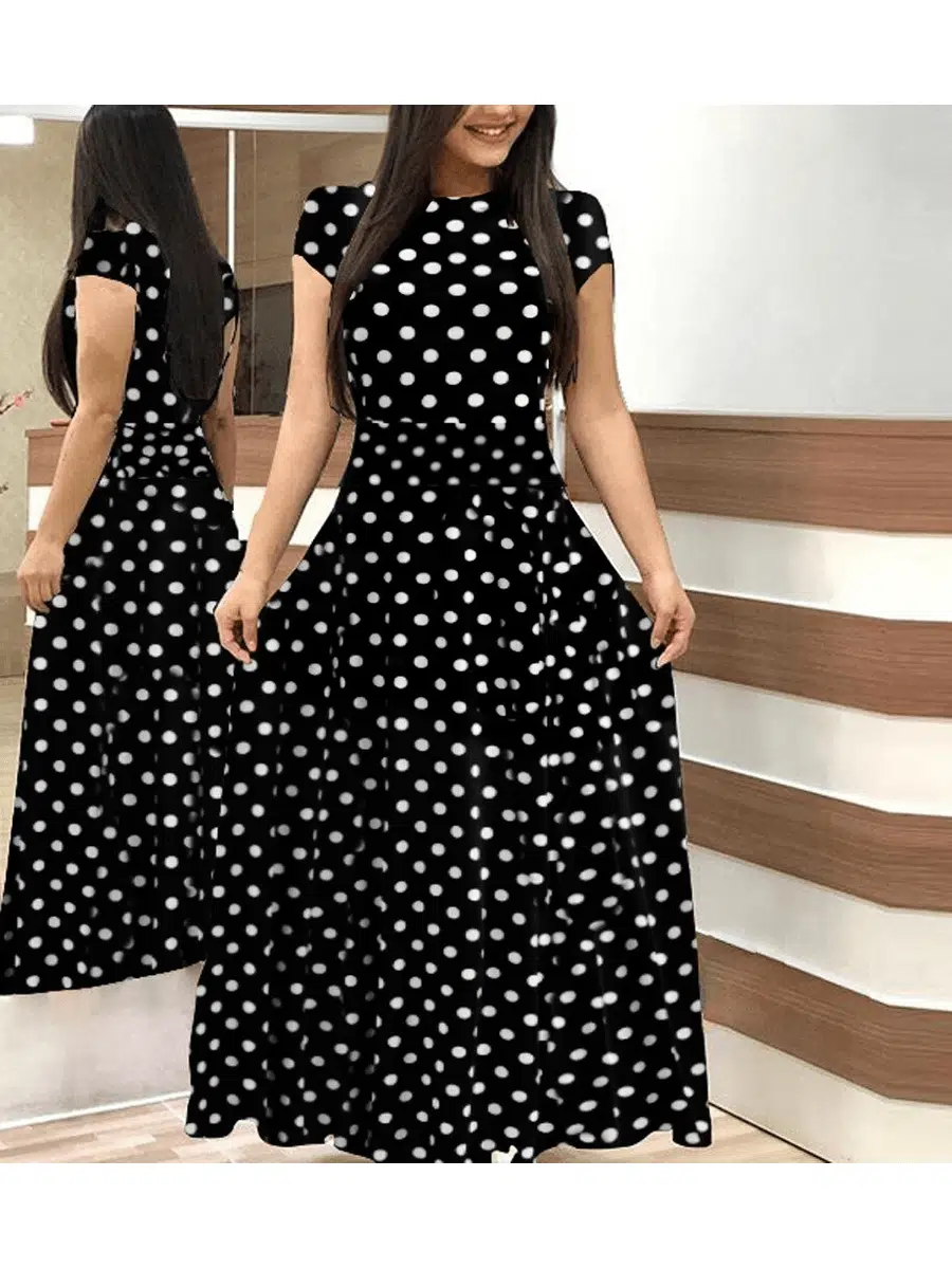 Tam boy puantiyeli krep kumaş elbise