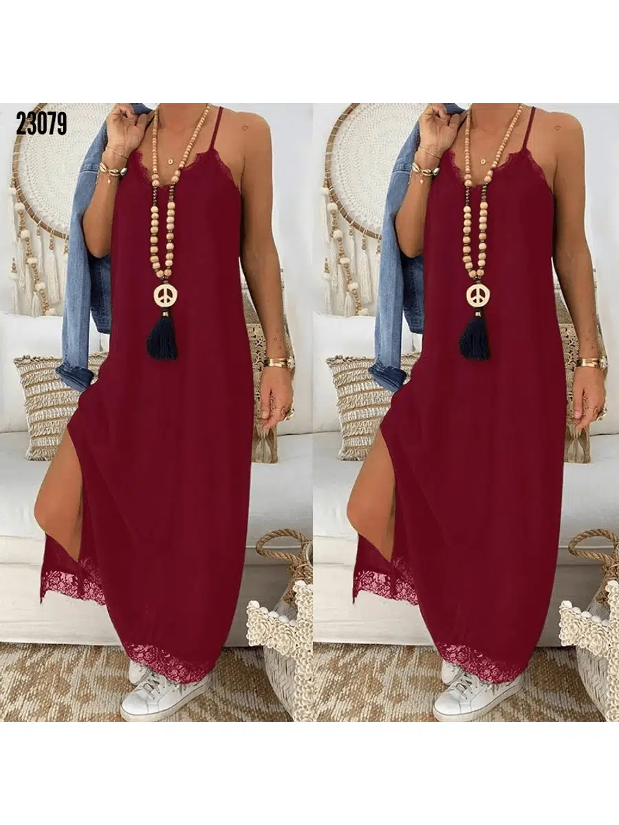 Viskon Kumaş Dantel Detay Elbise (Bordo)