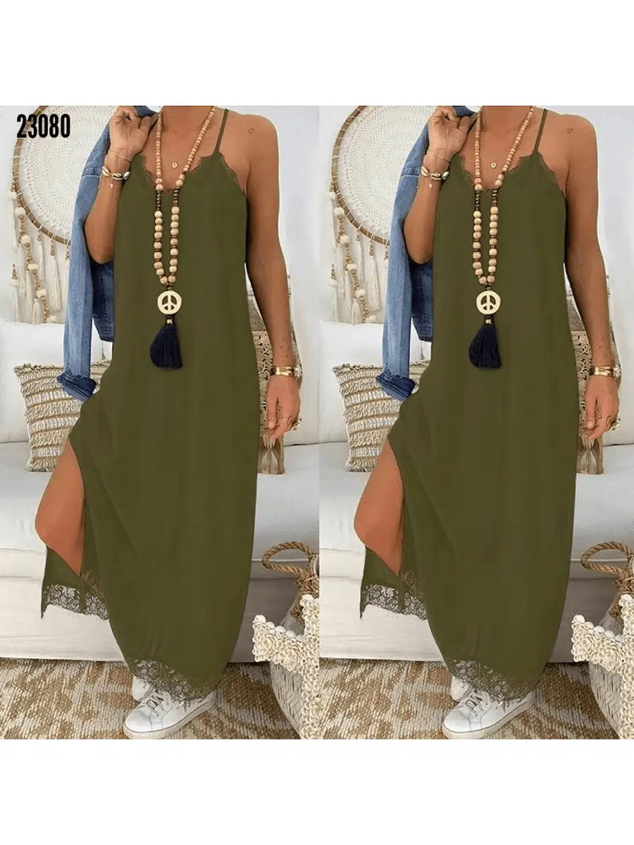 Viskon Kumaş Dantel Detay Elbise (Yeşil)