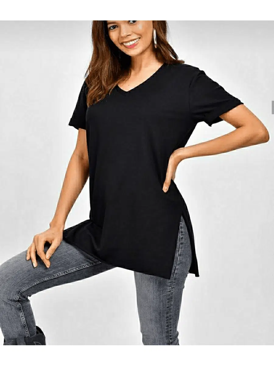 Viskon Kumaş Yırtmaçlı V Yaka Bluz (Siyah)