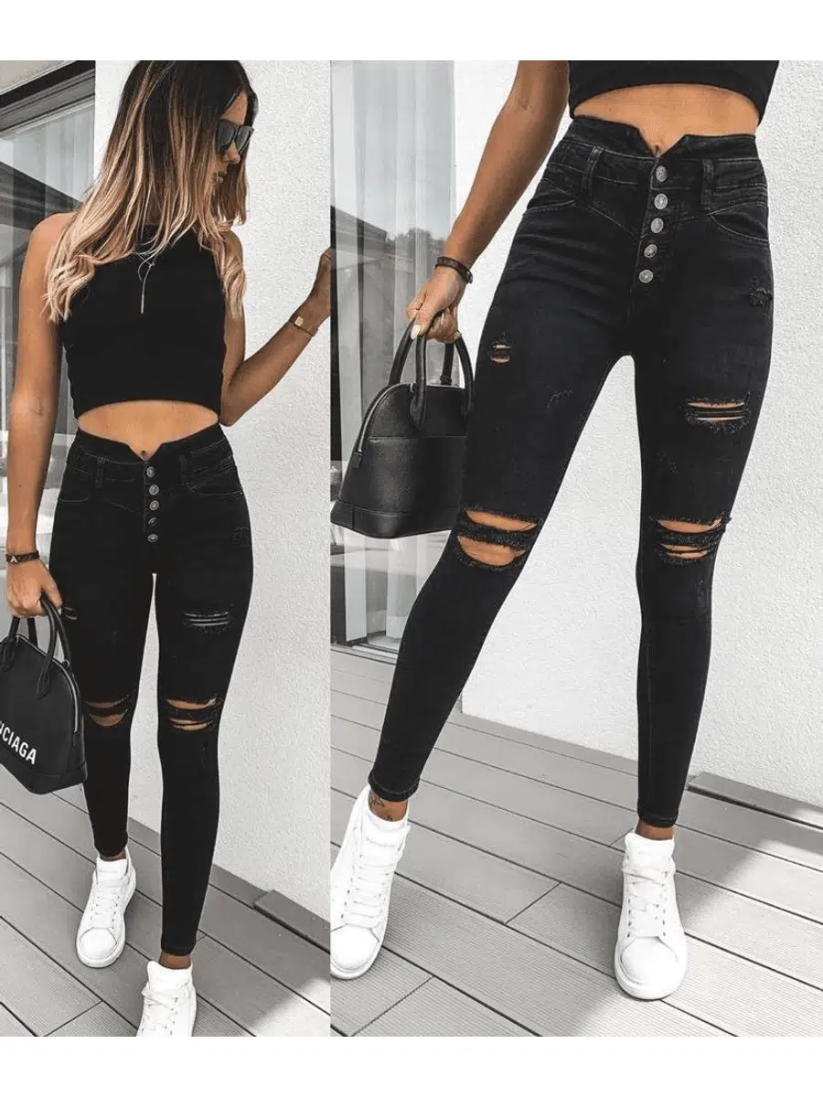 Yüksek Bel Çok Düğmeli Ve Yırtık Detaylı Kot Pantolon Jean